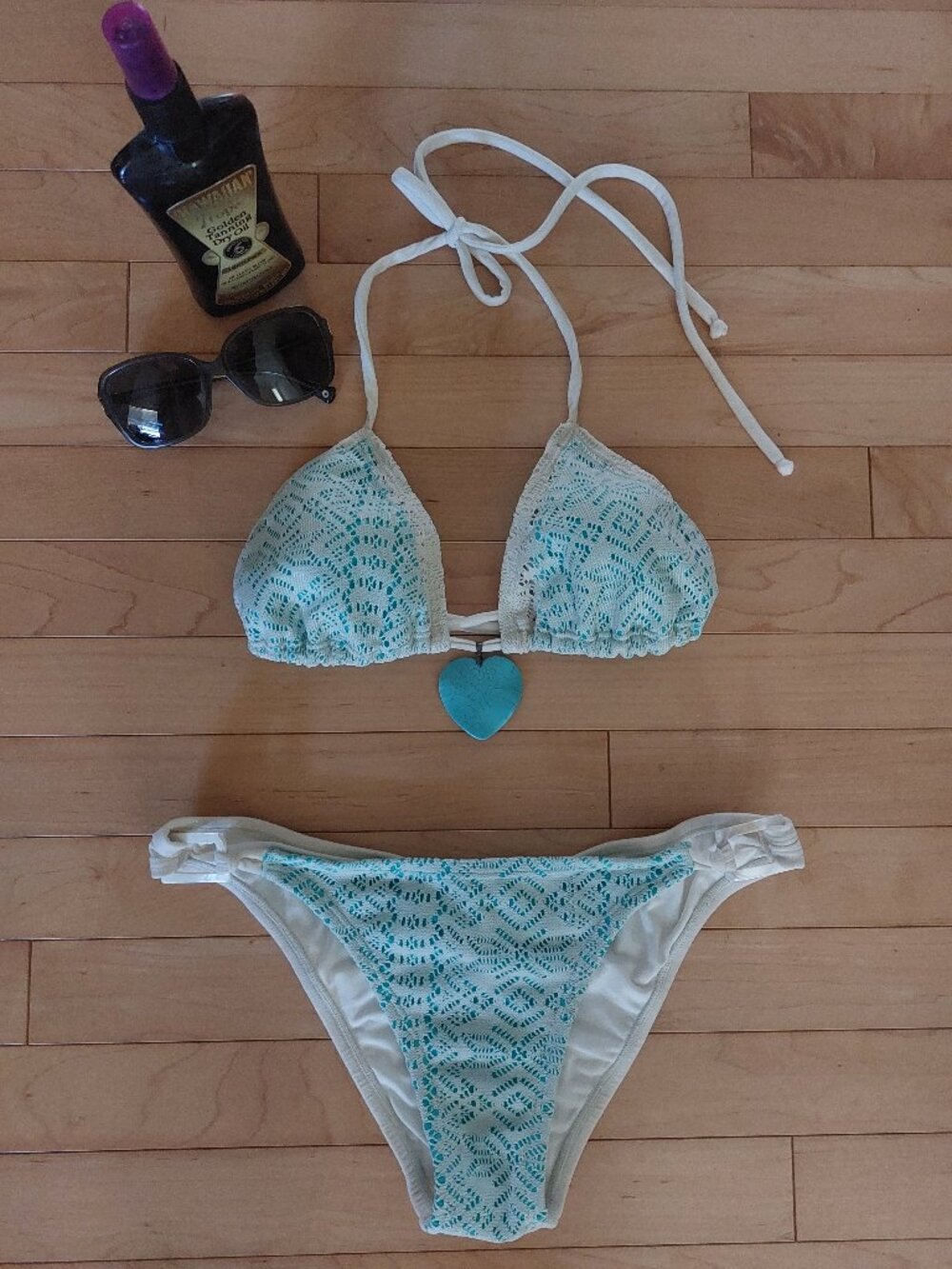 Heidi Fish Designer Cream Lace Turquoise Heart Bikini - Small Made in USA